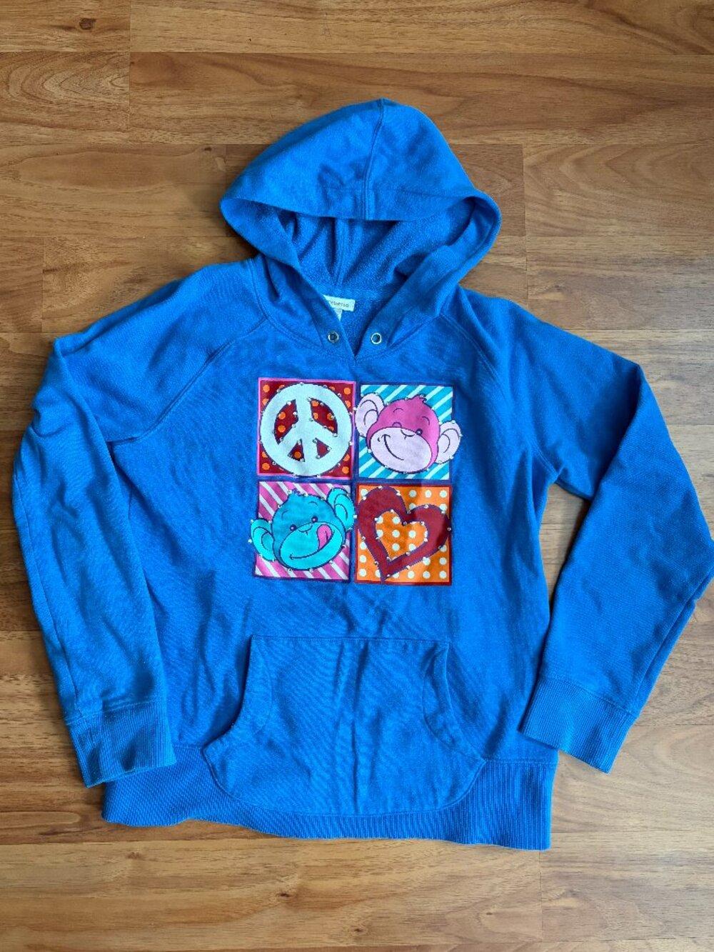 Vintage Limited Too blue monkey graphic hoodie with rhinestones girls size 14